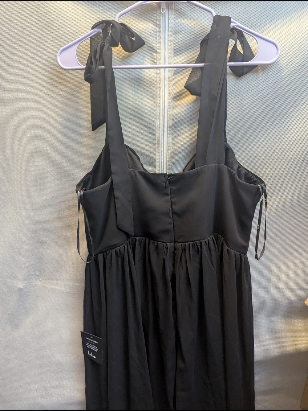 NWT Radiant Charisma Black Chiffon Ruched Tie-Strap Maxi Dress - Picture 8 of 8